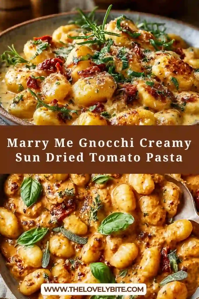 A bowl of creamy Marry Me Gnocchi with sun-dried tomatoes, Parmesan, and fresh basil in a rich sauce. Perfect comfort food for dinner.
