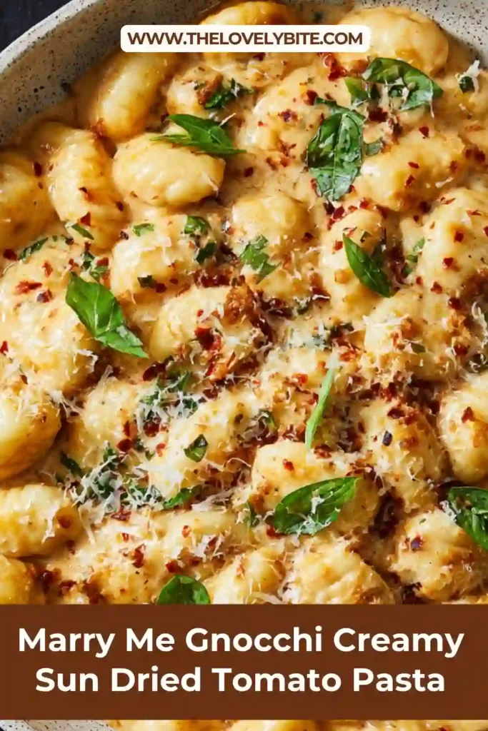 Homemade Marry Me Gnocchi served in a skillet with basil garnish and Parmesan cheese melted into a creamy sauce.