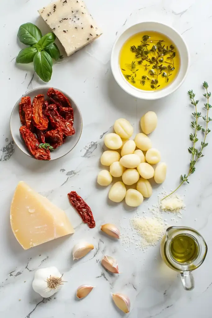 Creamy gnocchi recipe with sun-dried tomatoes and herbs, plated and ready to serve for a cozy meal.