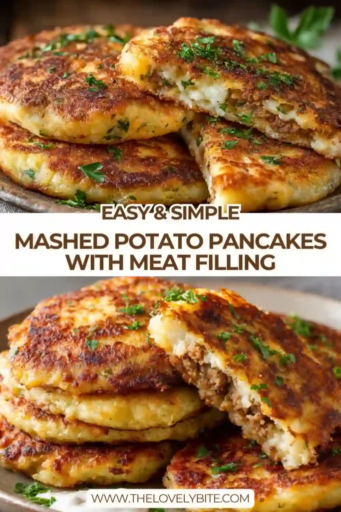 Close up of stuffed potato pancakes filled with seasoned beef perfectly fried until golden brown