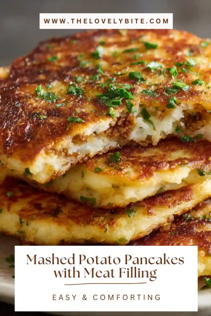Crispy mashed potato pancakes with meat filling served warm on a plate showing golden crust and savory interior
