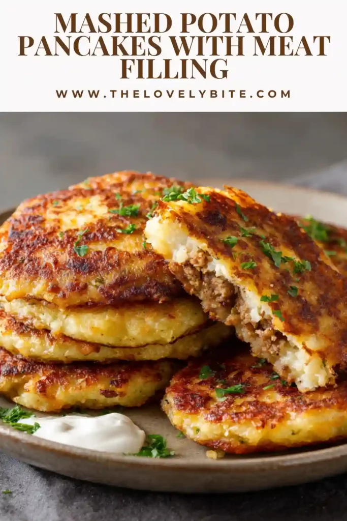 Homemade mashed potato pancakes with meat filling arranged on a plate with herbs garnish
