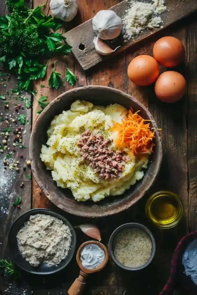 Golden mashed potato pancakes with savory meat filling crispy outside and soft inside