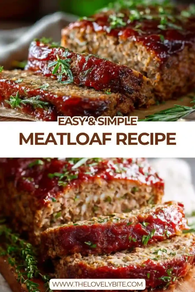 A sliced homemade meatloaf recipe topped with a glossy ketchup glaze and served on a plate. The meatloaf looks juicy and tender, making it a comforting ground beef dinner for the whole family.