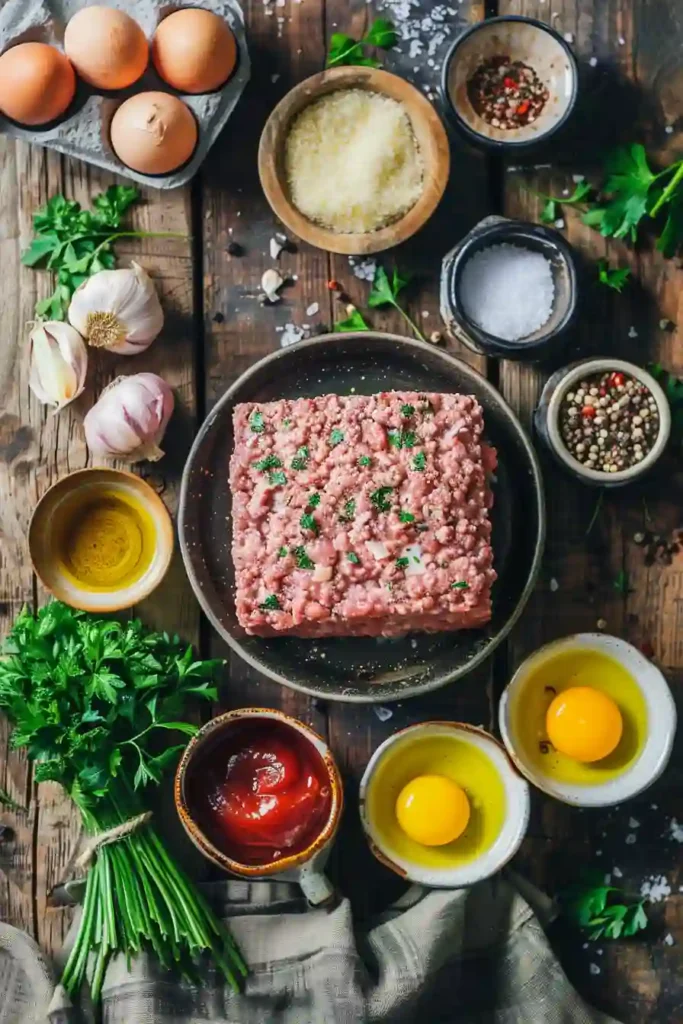 A hearty meatloaf recipe served in thick slices with shiny ketchup glaze and fresh parsley garnish. This oven baked meatloaf looks warm, juicy, and perfect for a family dinner table.
