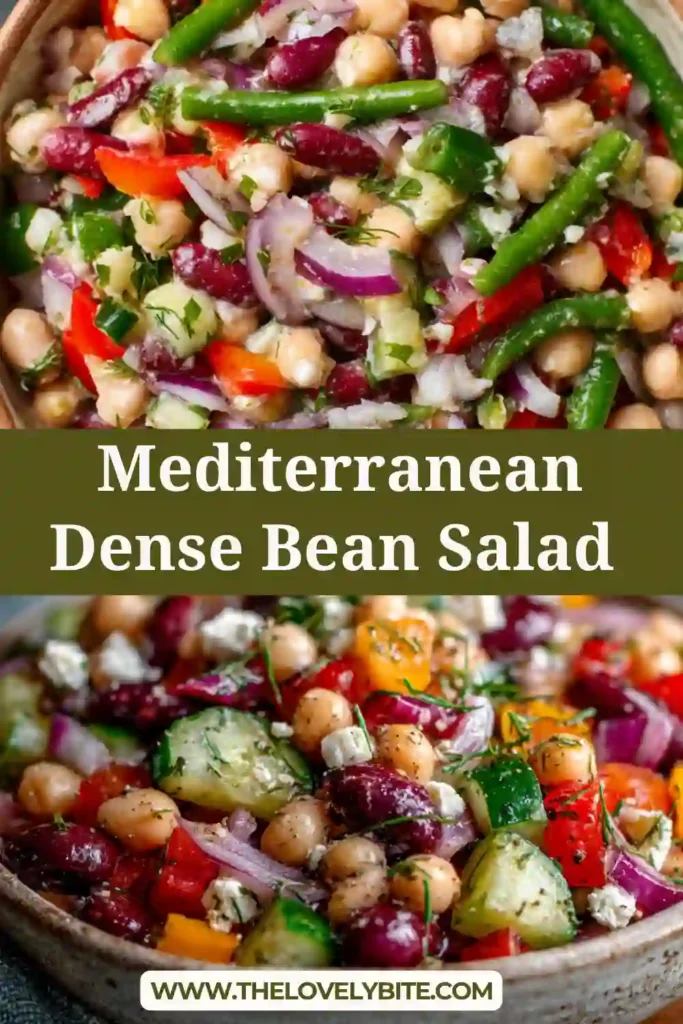 A bowl of Mediterranean Dense Bean Salad filled with chickpeas, navy beans, diced bell peppers, cucumber, red onion, olives, parsley, and crumbled vegan feta. The salad looks fresh, colorful, and coated in a light lemon herb dressing.