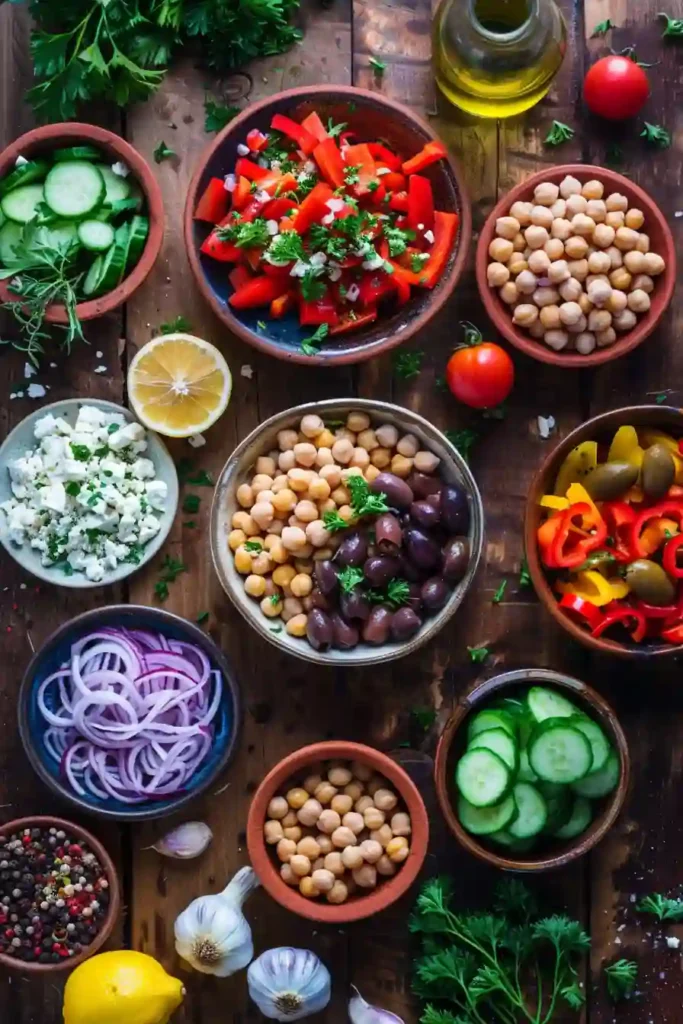 Mediterranean Dense Bean Salad prepared for meal prep with beans, crunchy vegetables, olives, herbs, and vegan feta. This easy salad recipe looks fresh, nourishing, and full of bold Mediterranean flavor.