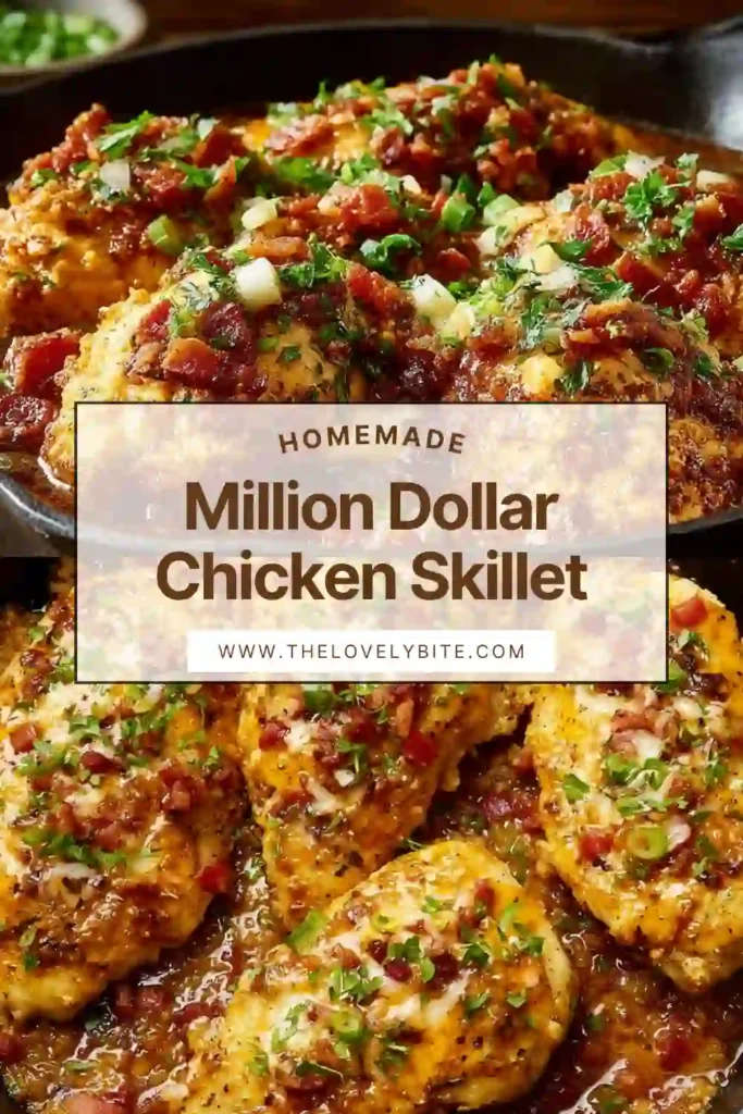 One pan Million Dollar Chicken Skillet recipe served with melted cheddar and scallions on top