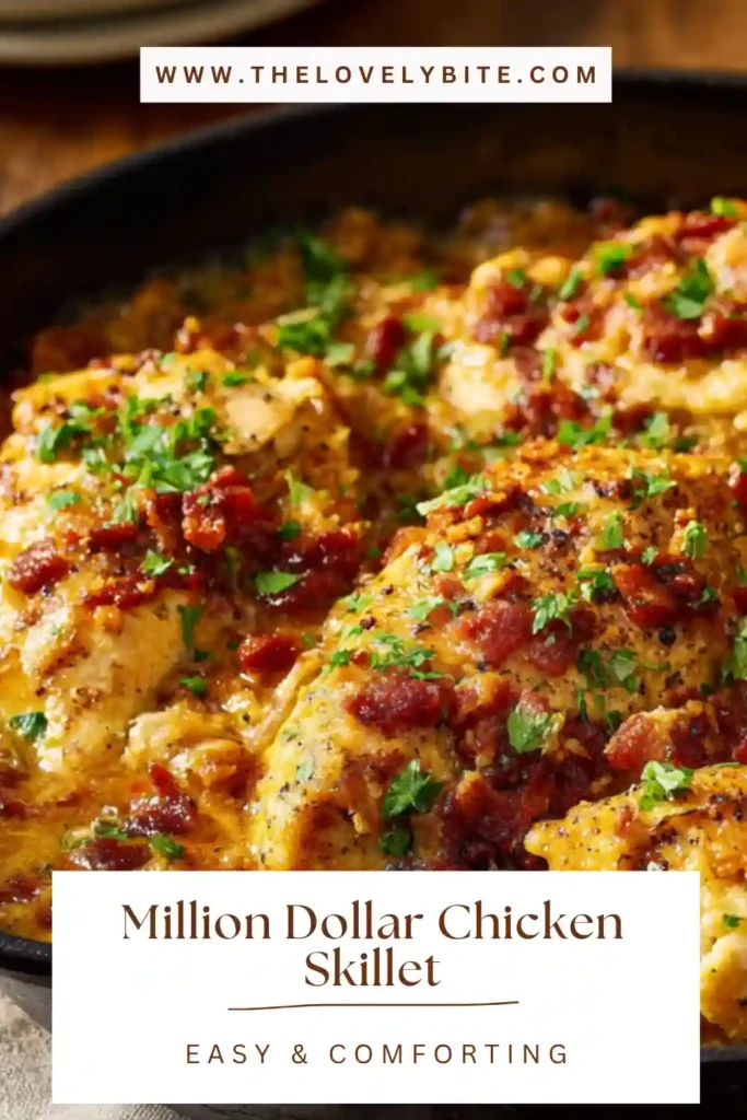 Oven baked chicken skillet with creamy cheese mixture and crunchy topping in a rustic pan