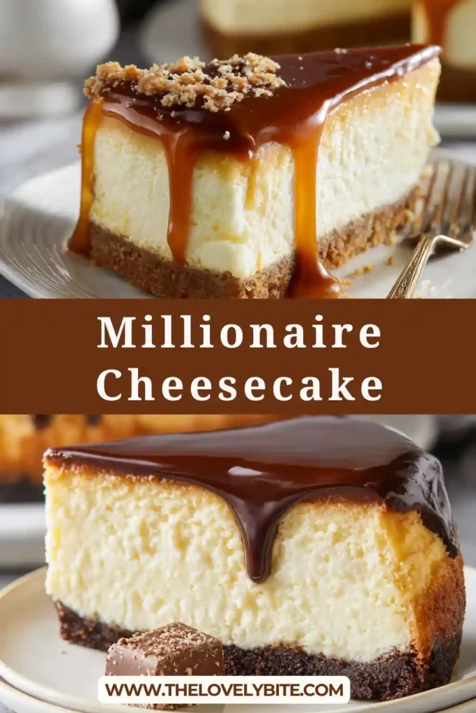 A creamy millionaire cheesecake recipe topped with golden caramel sauce on a graham cracker crust, sliced and ready to serve.