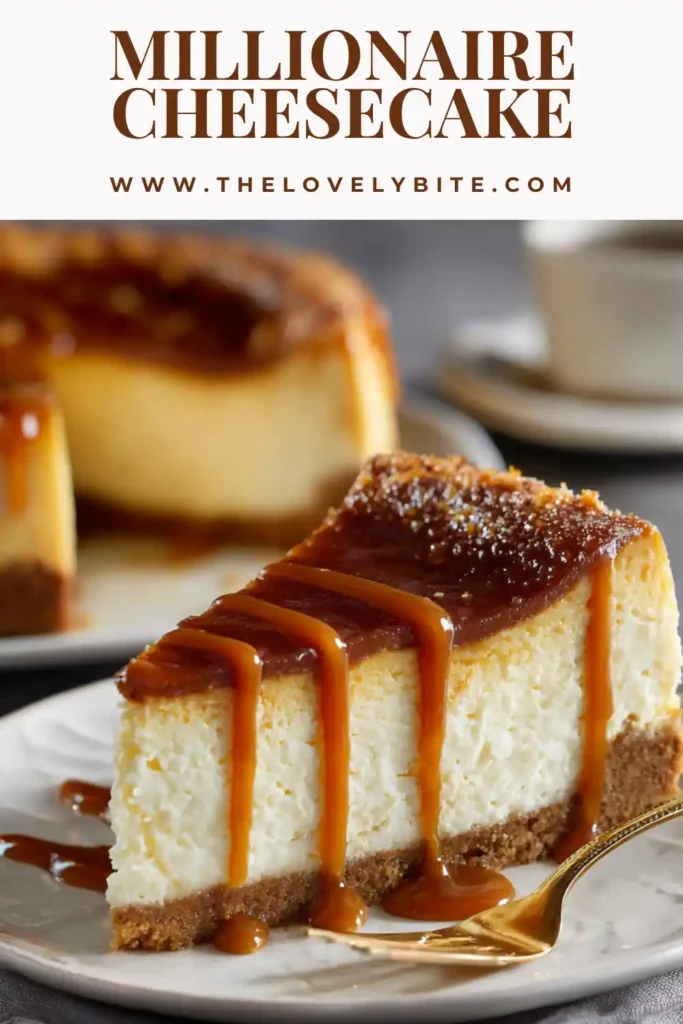 Close-up of a rich millionaire cheesecake recipe with smooth texture and glossy caramel topping.