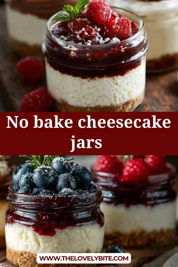 No bake cheesecake jars layered with graham cracker crust and creamy cheesecake filling in glass jars, topped with fresh fruit.