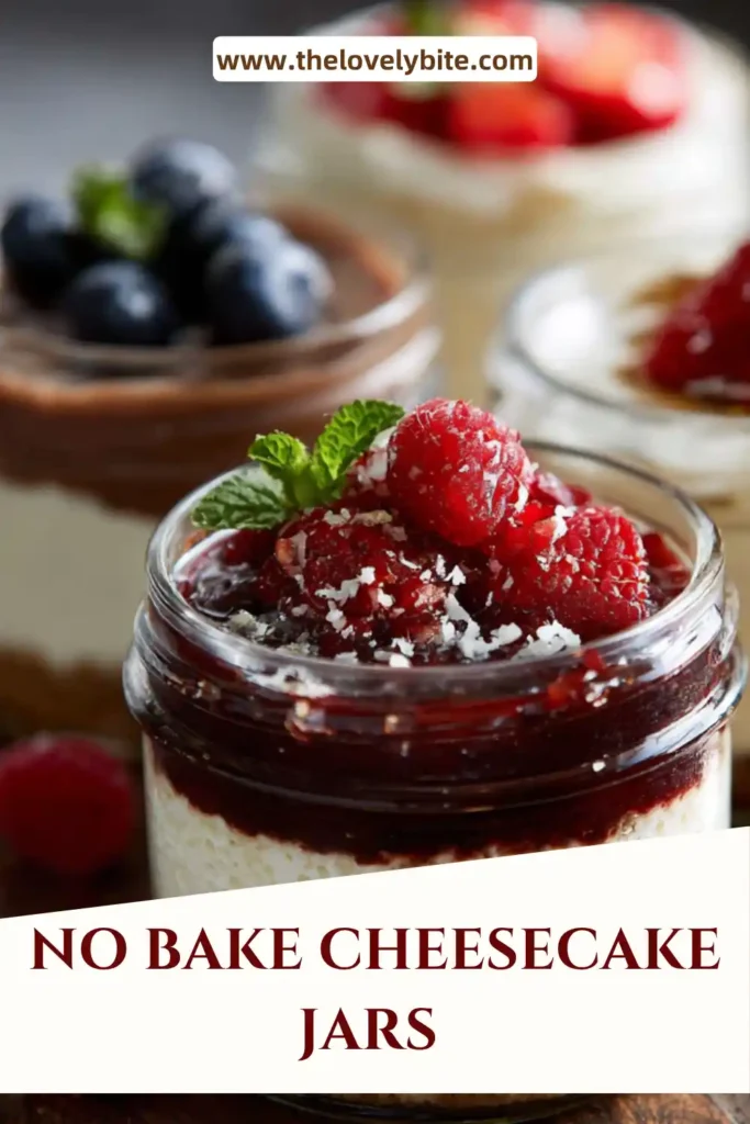 Close-up of easy no bake cheesecake jars with rich creamy texture and golden crust layers in small jars.
