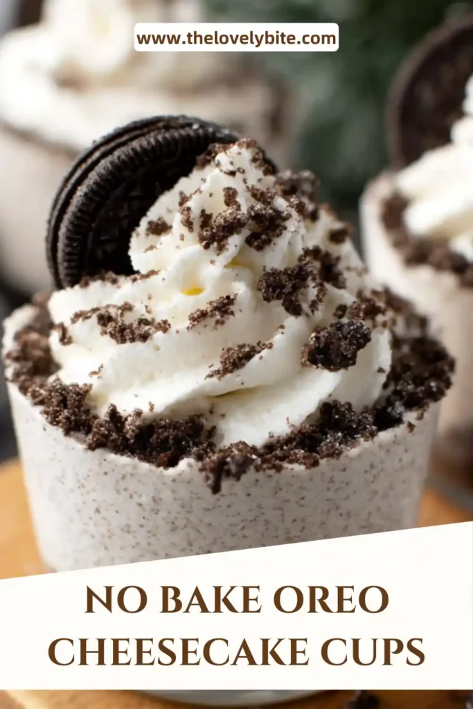Close-up of No Bake Oreo Cheesecake Cups showing smooth cheesecake filling and crunchy Oreo layers topped with whipped cream.