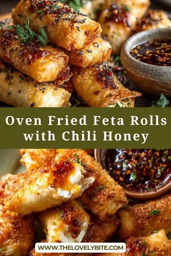 Close-up of oven fried feta rolls with crunchy texture and drizzled chili honey. A perfect baked feta appetizer.