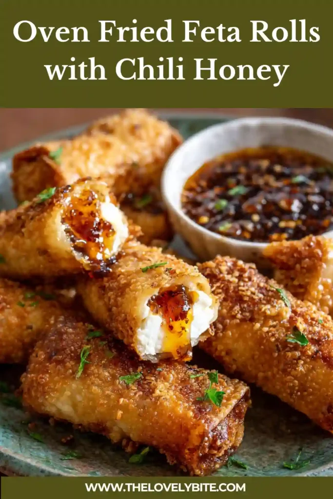 Golden brown feta rolls arranged on a plate with a bowl of chili honey sauce. The phyllo pastry looks crisp and delicate.