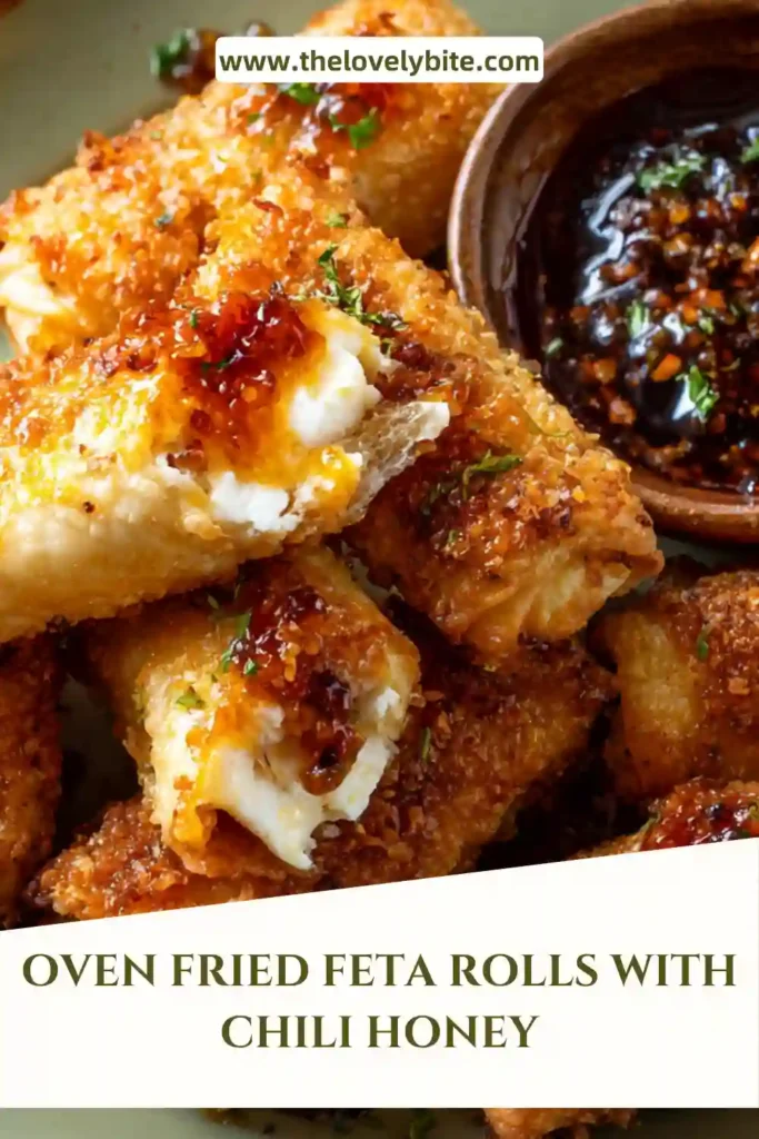 Freshly baked oven fried feta rolls with herbs and feta filling visible inside, paired with sweet spicy honey.