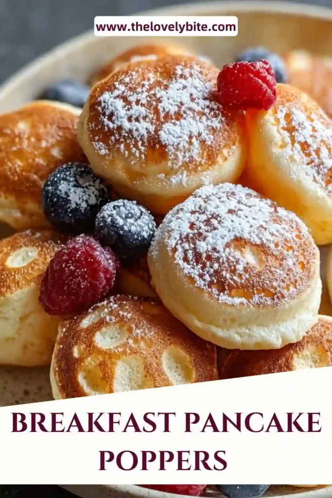 A tray of irresistibly fluffy Breakfast Pancake Poppers baked in a mini muffin tin and served warm with fresh berries. These golden mini pancake muffins are perfect for busy mornings.