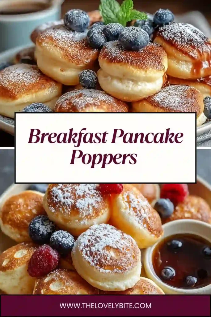 Close-up of soft and fluffy Breakfast Pancake Poppers topped with fresh berries and powdered sugar. These bite-size pancake muffins are an easy grab-and-go breakfast.
