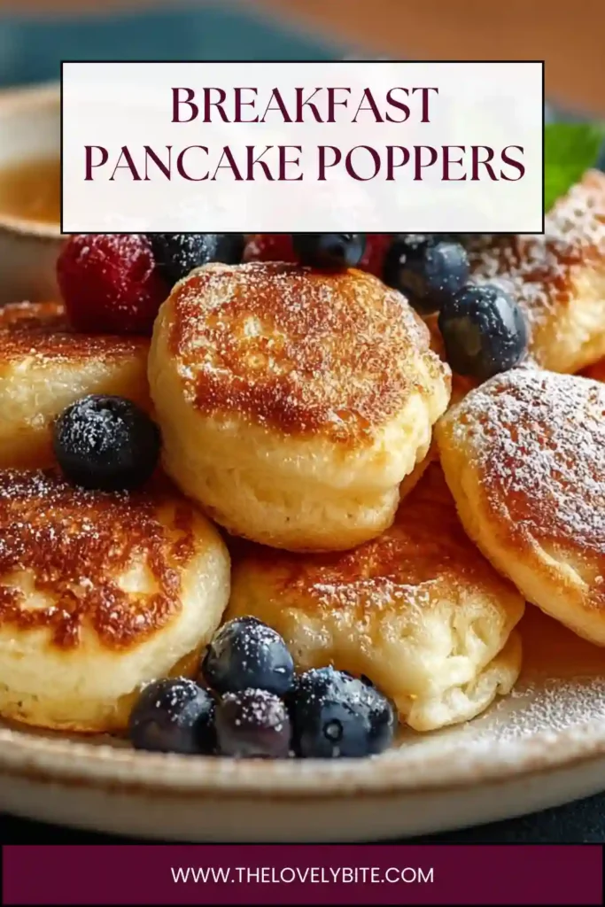 Freshly baked Breakfast Pancake Poppers with chocolate chips and diced banana on a serving plate. These mini pancake bites are light, fluffy, and perfect for quick breakfasts.