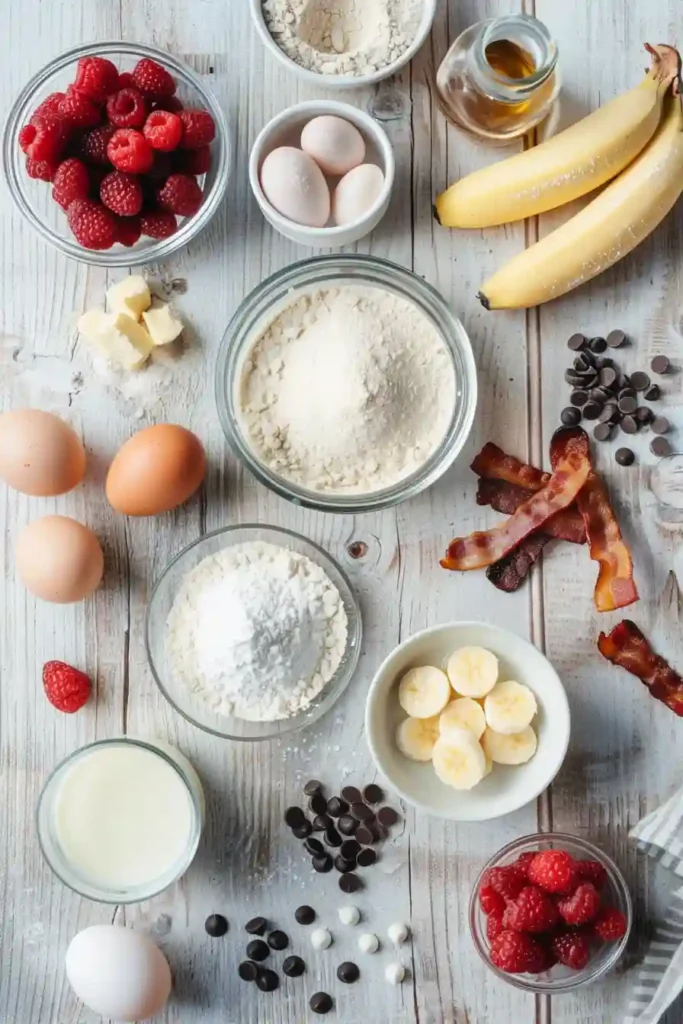 Mini pancake muffins known as Breakfast Pancake Poppers served with maple syrup and fruit. These fluffy breakfast bites are easy to make and family friendly.