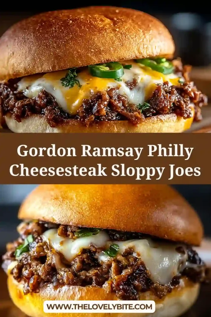 Close-up of Gordon Ramsay Philly Cheesesteak Sloppy Joes served on golden brioche buns with cheesy beef filling. The provolone melts into the seasoned ground beef and vegetables for a comforting sandwich recipe.