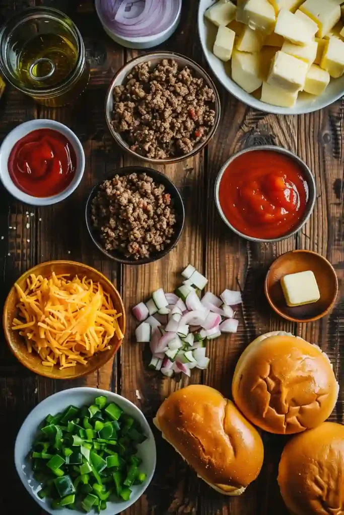 A toasted brioche bun filled with Gordon Ramsay Philly Cheesesteak Sloppy Joes, made with ground beef, green peppers, onions, mushrooms, and melted provolone cheese. The sandwich looks rich, savory, and perfect for a hearty family dinner.