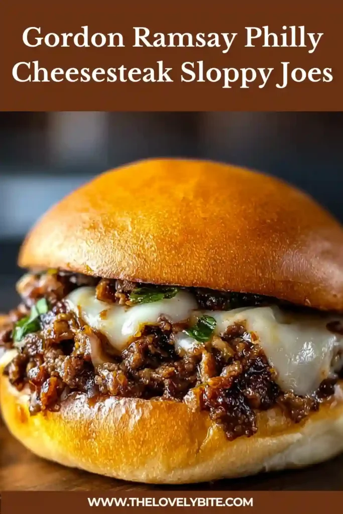 A skillet full of Gordon Ramsay Philly Cheesesteak Sloppy Joes filling with browned beef, diced onions, green bell peppers, mushrooms, and creamy provolone. This easy beef dinner is warm, cheesy, and packed with flavor.