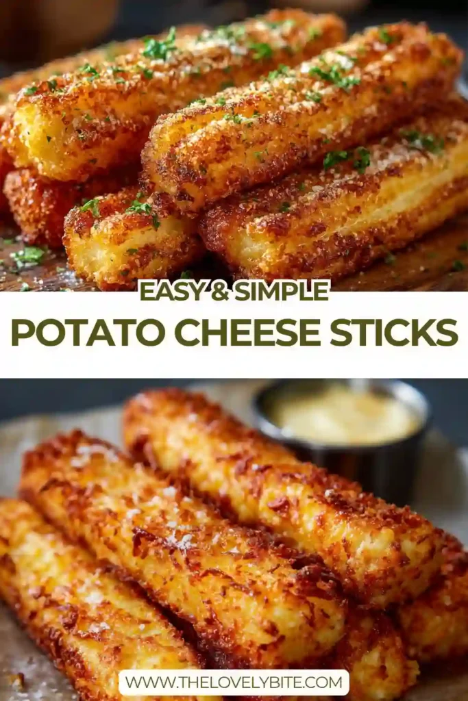 A plate of golden Potato Cheese Sticks served hot with ketchup on the side. The crispy exterior and soft cheesy center make this snack look rich, comforting, and irresistible.