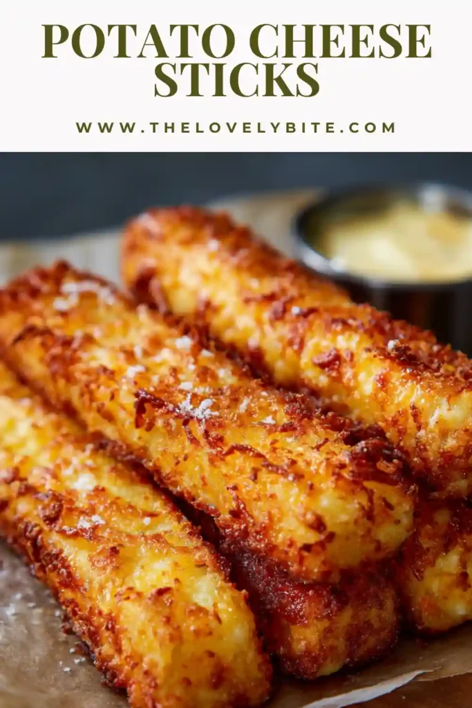 Close-up of crispy Potato Cheese Sticks with a crunchy fried surface and creamy mashed potato filling. These cheesy potato sticks are a perfect homemade appetizer or savory snack.