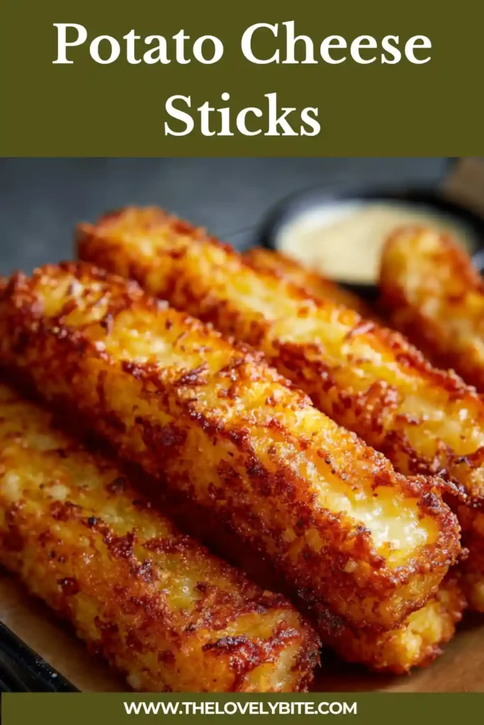 Freshly fried Potato Cheese Sticks arranged on a serving plate with chili powder and dipping sauce. The golden crust and melty cheese filling make them visually appealing and delicious.