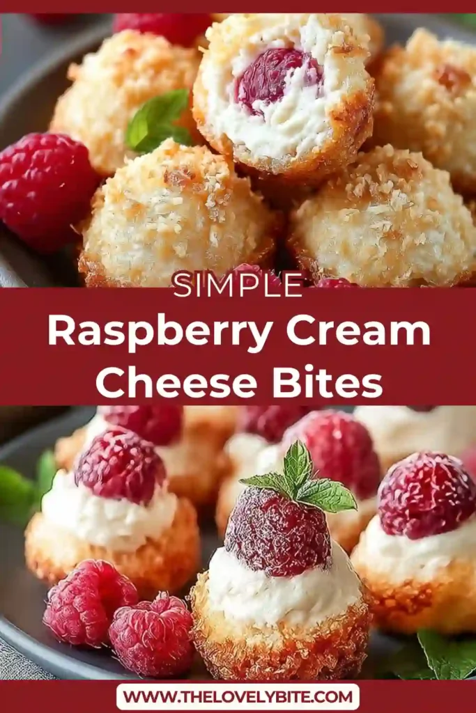 Raspberry cream cheese bites coated in buttery graham cracker crumbs served on a dessert plate. These no bake raspberry cheesecake bites have a creamy center with fresh raspberries.
