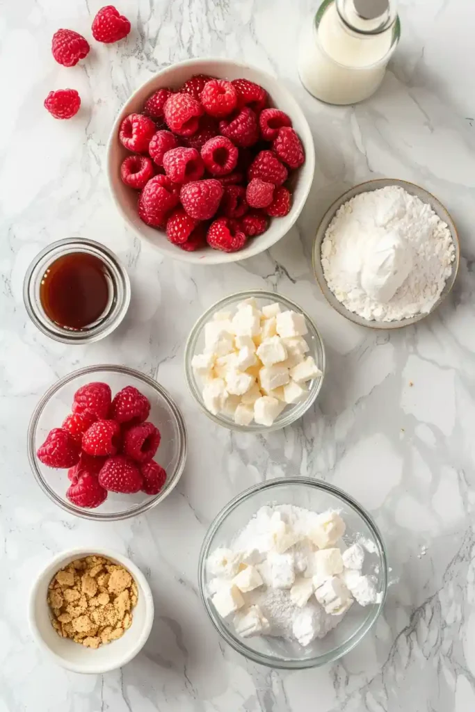 Homemade raspberry cream cheese bites prepared as a quick no bake dessert. Each bite is coated with graham cracker crumbs and filled with creamy raspberry cheesecake flavor.