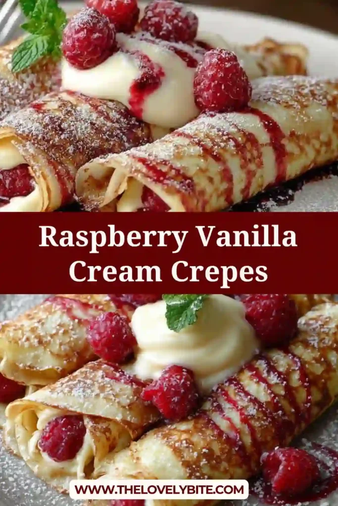 A plate of Raspberry Vanilla Cream Crepes folded and filled with fluffy vanilla cream and fresh raspberries. Powdered sugar dusted on top adds a soft finish to this elegant brunch recipe.