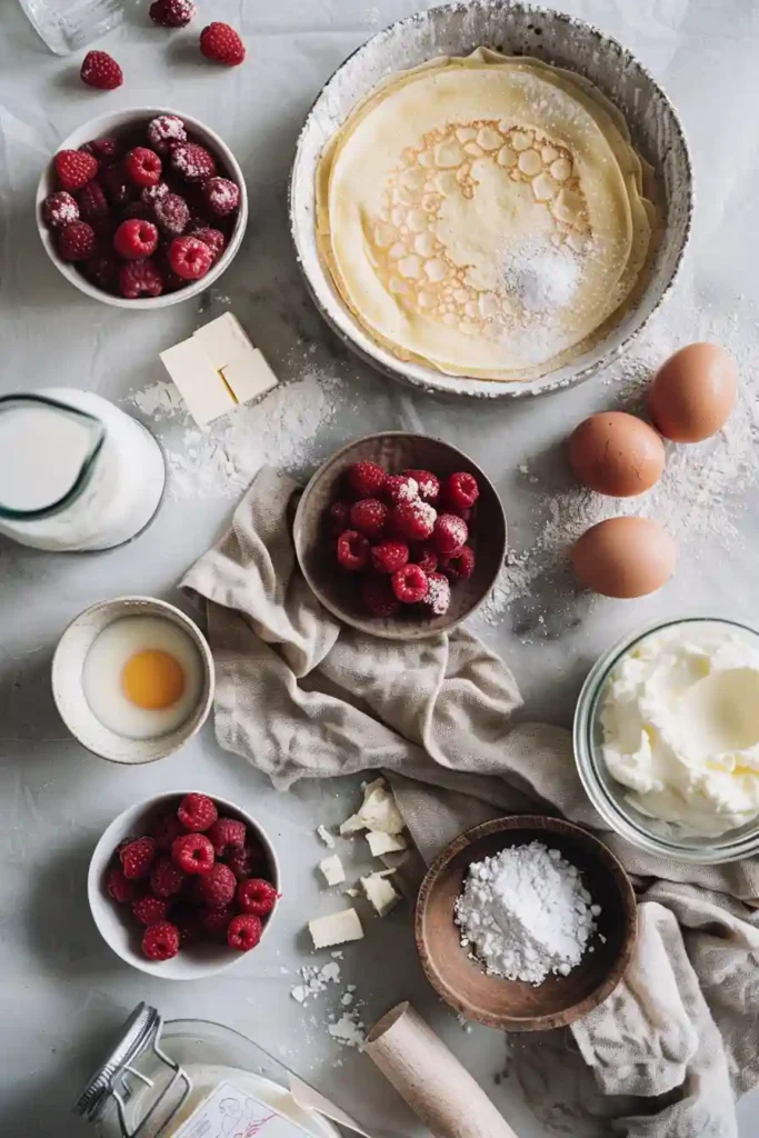 Freshly made Raspberry Vanilla Cream Crepes with smooth vanilla filling, tender crepe layers, and bright raspberries on top. This berry crepe dish is beautiful for brunch, dessert, or a special breakfast spread.