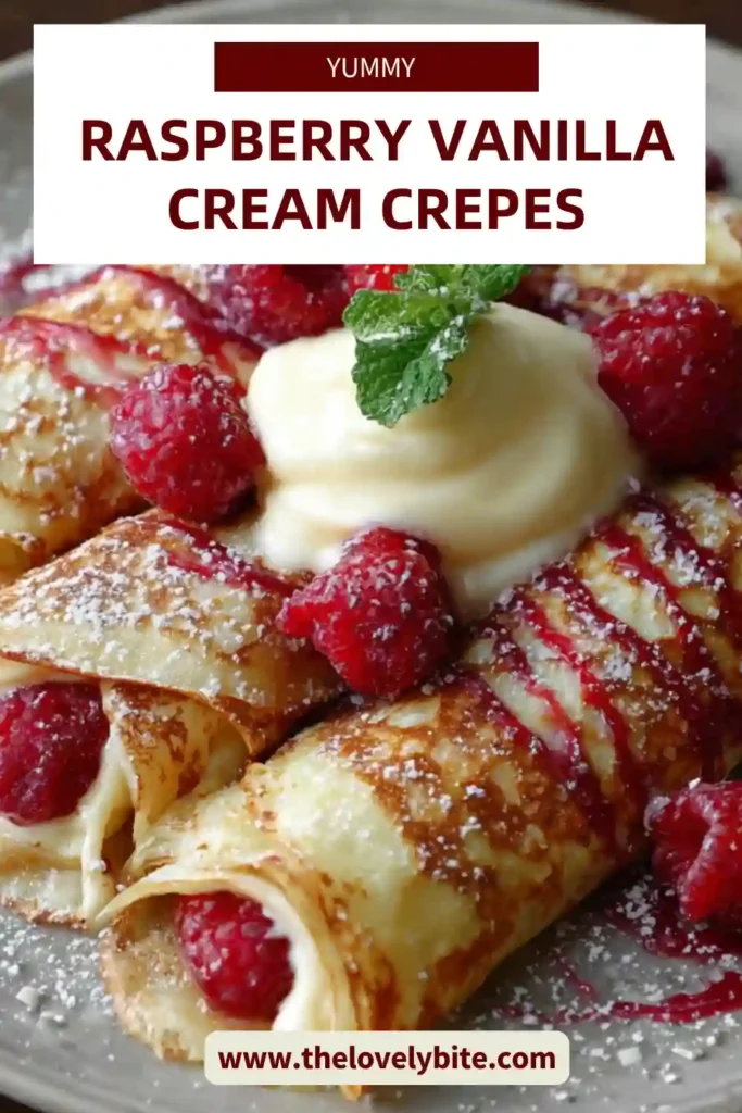 Homemade Raspberry Vanilla Cream Crepes served with whipped mascarpone filling, juicy raspberries, and a light dusting of powdered sugar. The crepes look soft, golden, and perfect for breakfast or dessert.