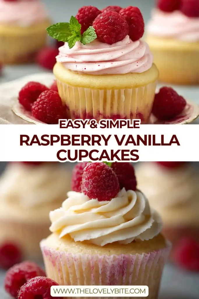 A batch of Raspberry Vanilla Cupcakes topped with pink raspberry frosting and fresh raspberries. These soft vanilla cupcakes have a light crumb and a bright berry finish that makes them perfect for spring desserts.