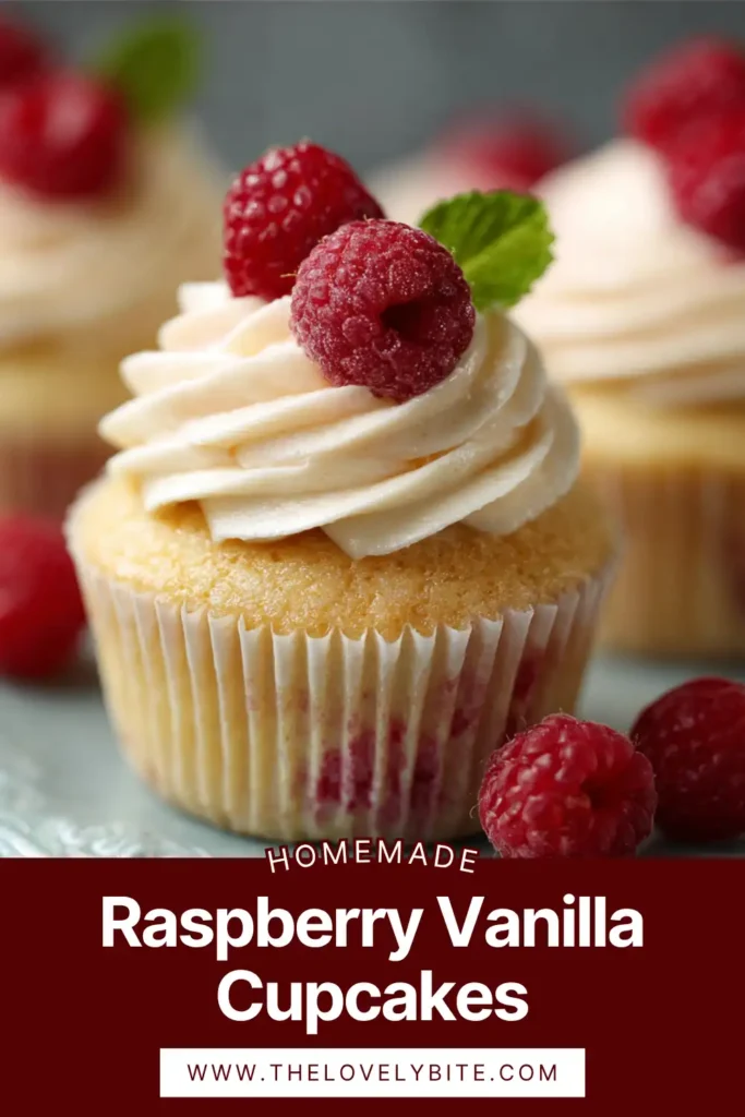 Close-up of homemade Raspberry Vanilla Cupcakes with swirls of raspberry buttercream frosting. The cupcakes look fluffy, elegant, and full of vanilla bean and raspberry flavor.