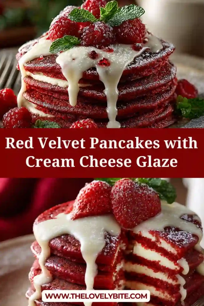 Red velvet pancakes stacked high with cream cheese glaze dripping over the edges, topped with fresh raspberries. The pancakes look fluffy and vibrant.