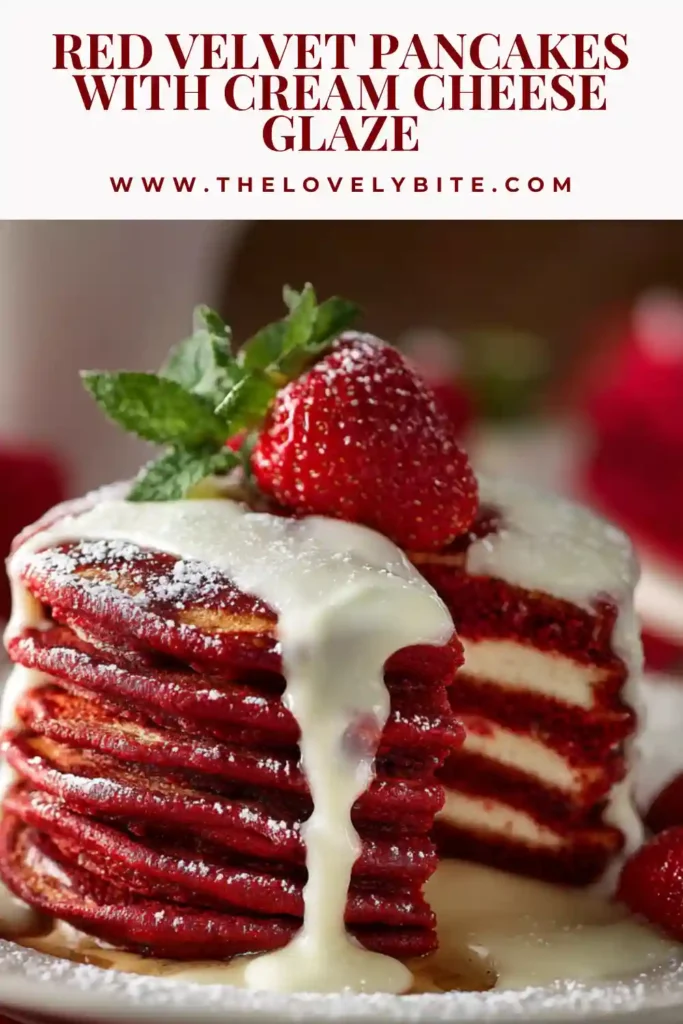 A close-up of fluffy red velvet pancakes with creamy glaze poured on top, garnished with mint leaves for a fresh finish.