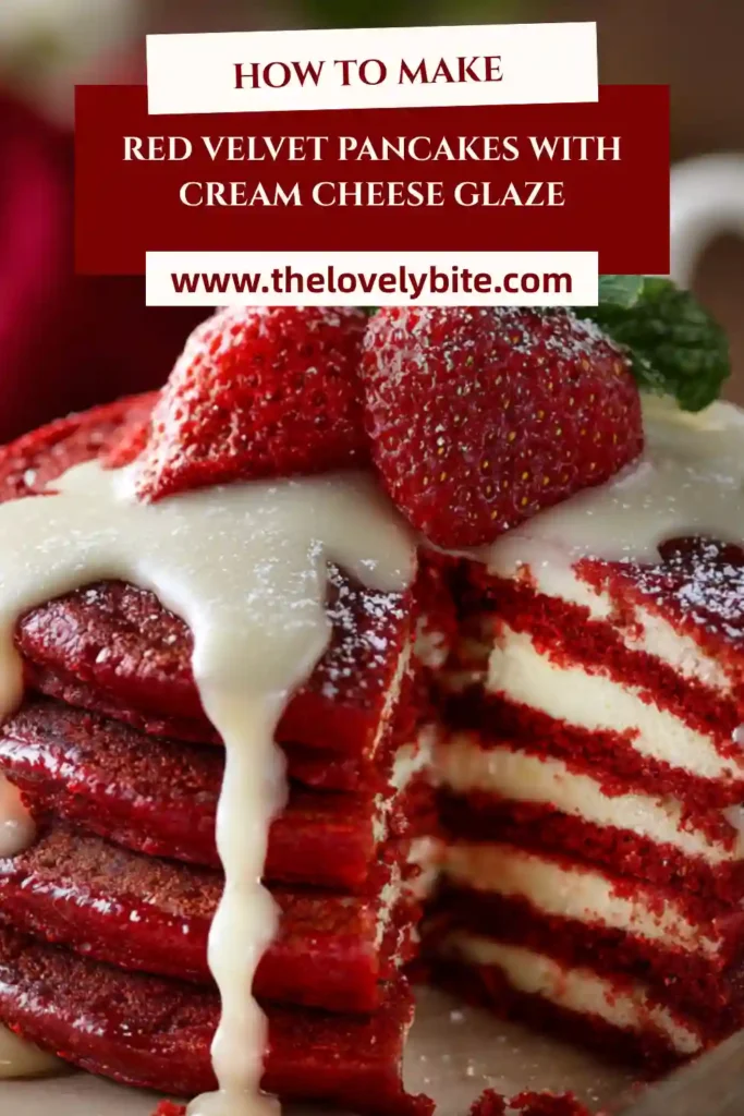 Homemade red velvet pancakes served warm with smooth cream cheese glaze and berries, creating a rich breakfast scene.