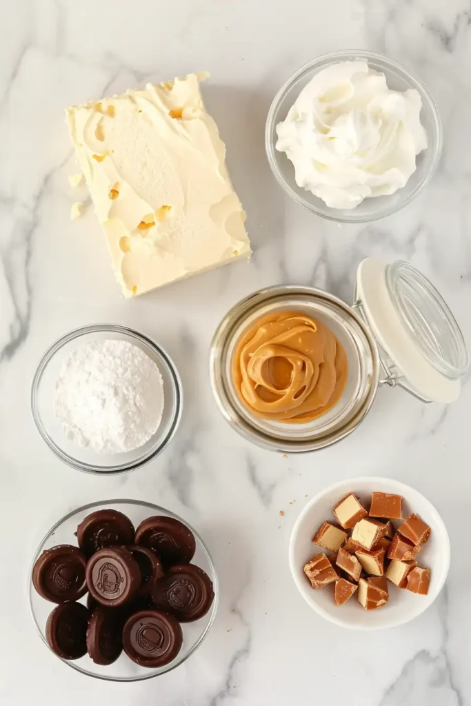 A bowl of Reese’s Peanut Butter Cheesecake Dip topped with chopped chocolate peanut butter candies, creamy and fluffy texture visible.