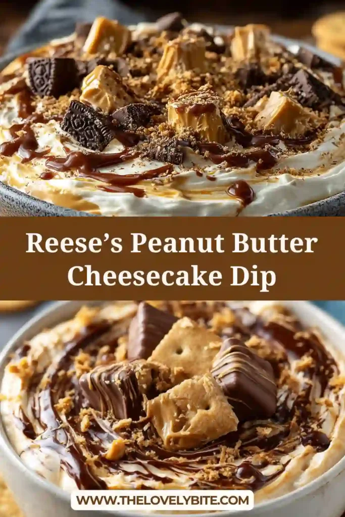 Close-up of Reese’s Peanut Butter Cheesecake Dip showing rich peanut butter base with chocolate pieces on top.