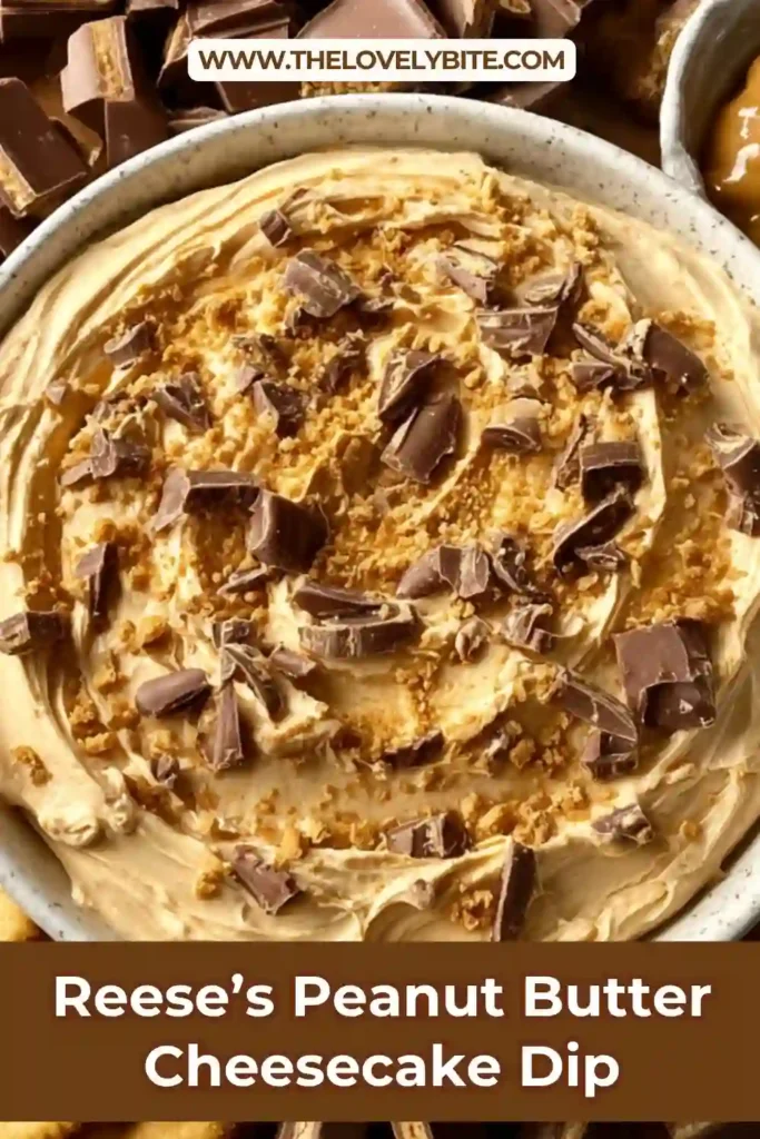 Smooth and creamy Reese’s Peanut Butter Cheesecake Dip served with cookies and fruit for dipping.