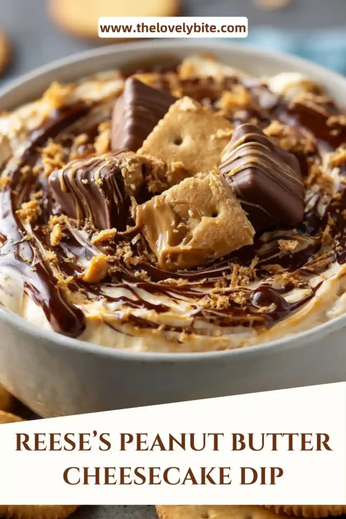 Party-ready Reese’s Peanut Butter Cheesecake Dip garnished with chocolate peanut butter candy chunks.