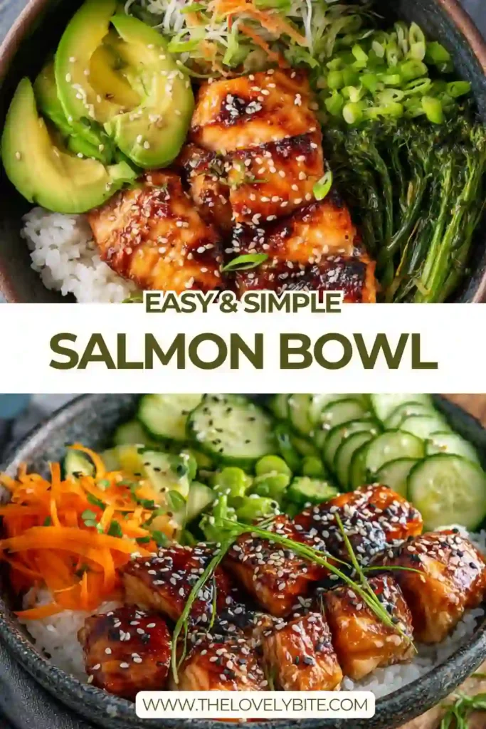 A vibrant salmon bowl served with marinated salmon cubes, white rice, sliced cucumber, shredded carrot, edamame, and creamy avocado. This healthy salmon bowl is colorful, fresh, and perfect for a quick dinner.