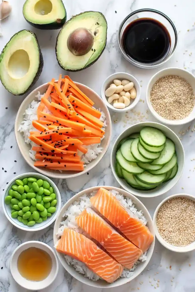 Fresh salmon bowl with rice, avocado, edamame, cucumber, and sesame seeds. This easy salmon bowl recipe is a quick and healthy dinner idea.
