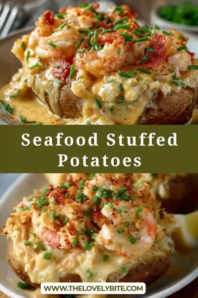 Seafood Stuffed Potatoes topped with creamy Cajun shrimp and crawfish sauce on a serving plate. The baked potato skins are filled with fluffy mashed potato and finished with melted cheese and fresh green onions.