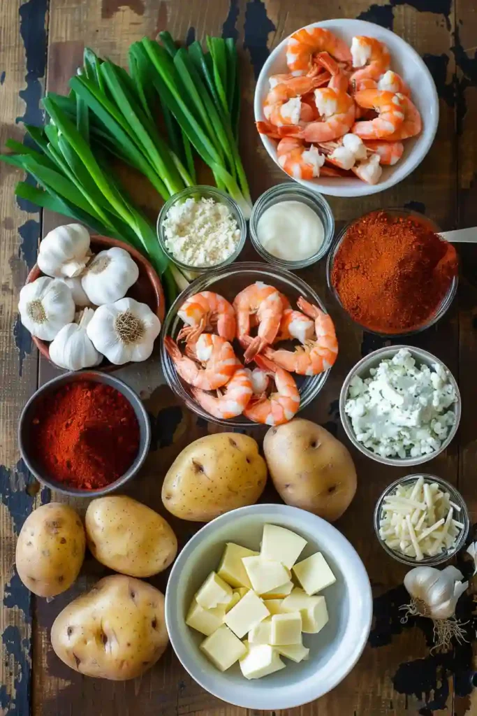 Seafood Stuffed Potatoes served warm with Cajun-seasoned shrimp, crawfish, and creamy sauce spooned over the top. The dish is rich, savory, and perfect for a cozy family dinner.
