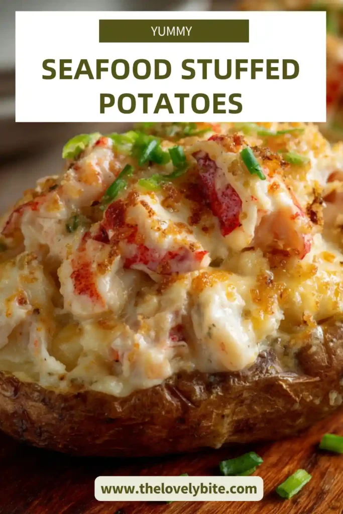 A close-up of Seafood Stuffed Potatoes loaded with shrimp, crawfish, and rich cheese sauce. This stuffed baked potatoes recipe looks creamy, hearty, and full of bold Southern flavor.